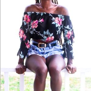 Black with floral sheer crop top